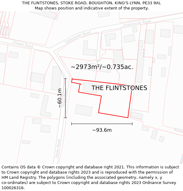 THE FLINTSTONES, STOKE ROAD, BOUGHTON, KING'S LYNN, PE33 9AL: Plot and title map