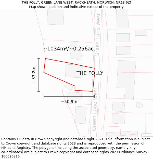 THE FOLLY, GREEN LANE WEST, RACKHEATH, NORWICH, NR13 6LT: Plot and title map