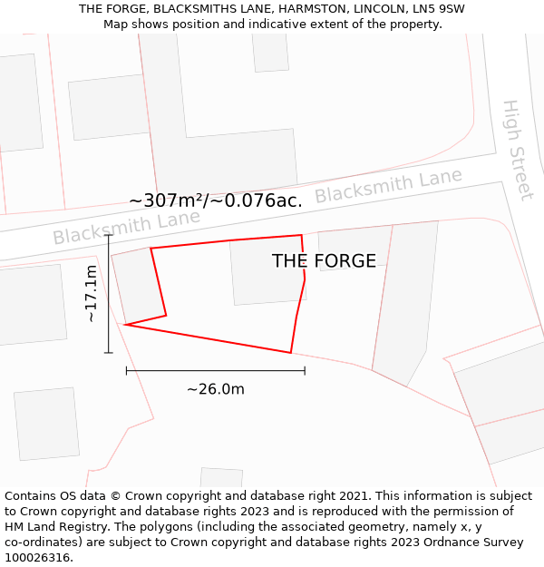 THE FORGE, BLACKSMITHS LANE, HARMSTON, LINCOLN, LN5 9SW: Plot and title map