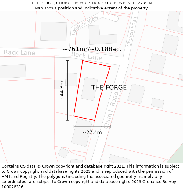 THE FORGE, CHURCH ROAD, STICKFORD, BOSTON, PE22 8EN: Plot and title map