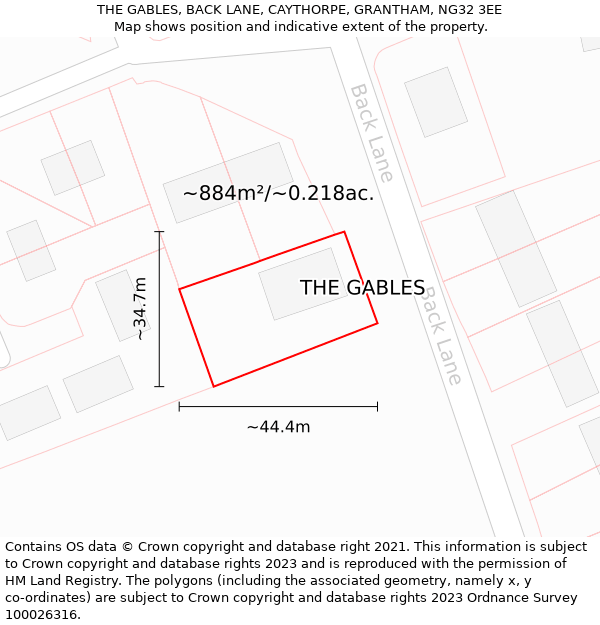 THE GABLES, BACK LANE, CAYTHORPE, GRANTHAM, NG32 3EE: Plot and title map