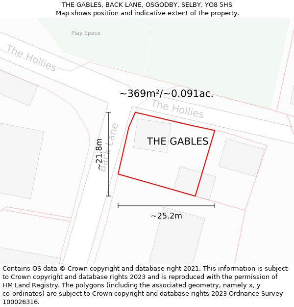 THE GABLES, BACK LANE, OSGODBY, SELBY, YO8 5HS: Plot and title map