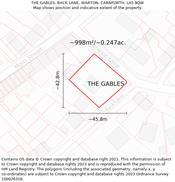 THE GABLES, BACK LANE, WARTON, CARNFORTH, LA5 9QW: Plot and title map