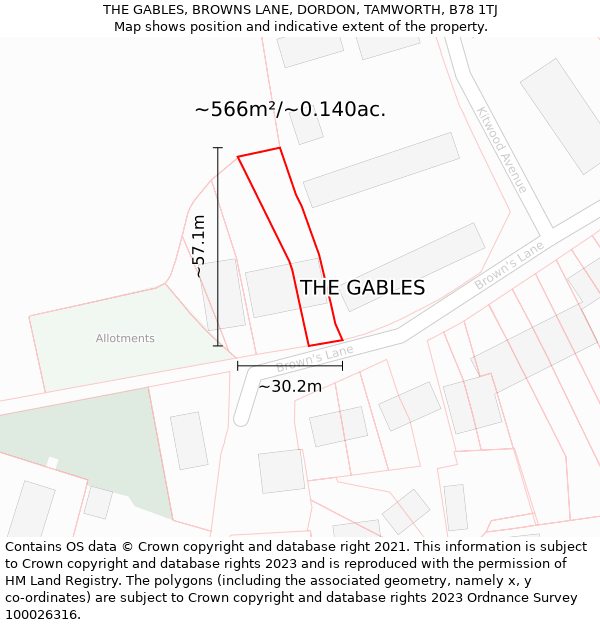 THE GABLES, BROWNS LANE, DORDON, TAMWORTH, B78 1TJ: Plot and title map