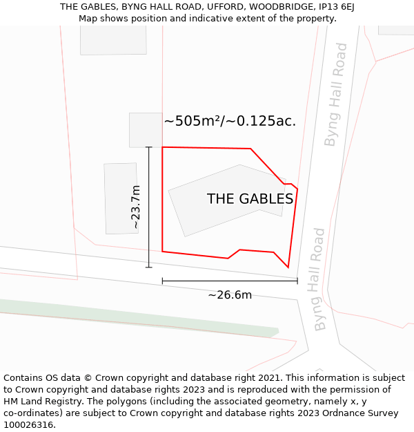 THE GABLES, BYNG HALL ROAD, UFFORD, WOODBRIDGE, IP13 6EJ: Plot and title map