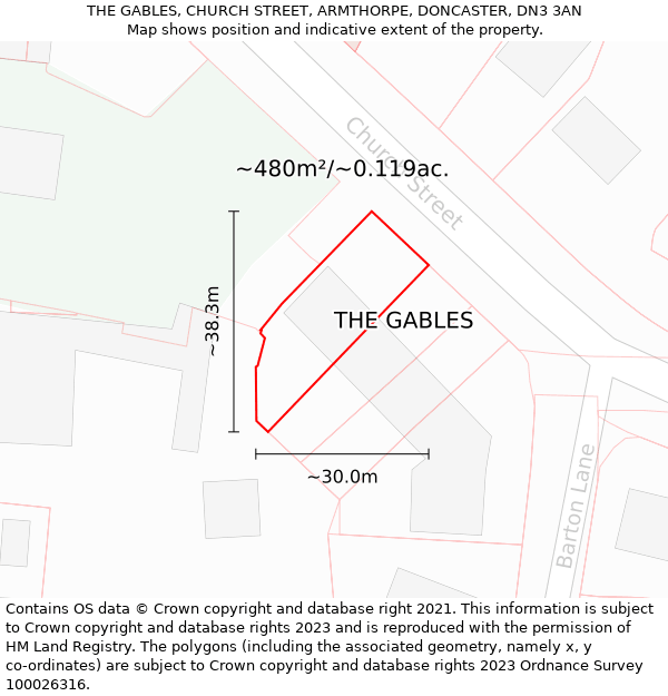 THE GABLES, CHURCH STREET, ARMTHORPE, DONCASTER, DN3 3AN: Plot and title map