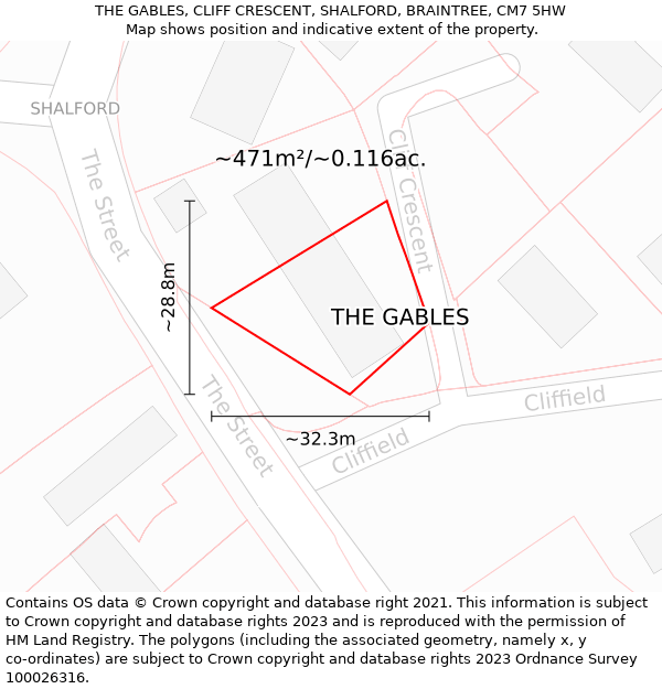 THE GABLES, CLIFF CRESCENT, SHALFORD, BRAINTREE, CM7 5HW: Plot and title map