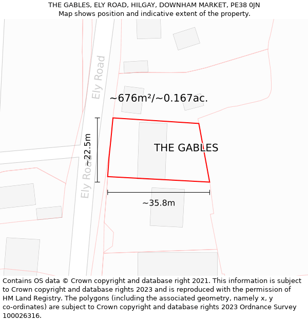 THE GABLES, ELY ROAD, HILGAY, DOWNHAM MARKET, PE38 0JN: Plot and title map