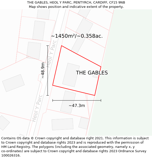 THE GABLES, HEOL Y PARC, PENTYRCH, CARDIFF, CF15 9NB: Plot and title map