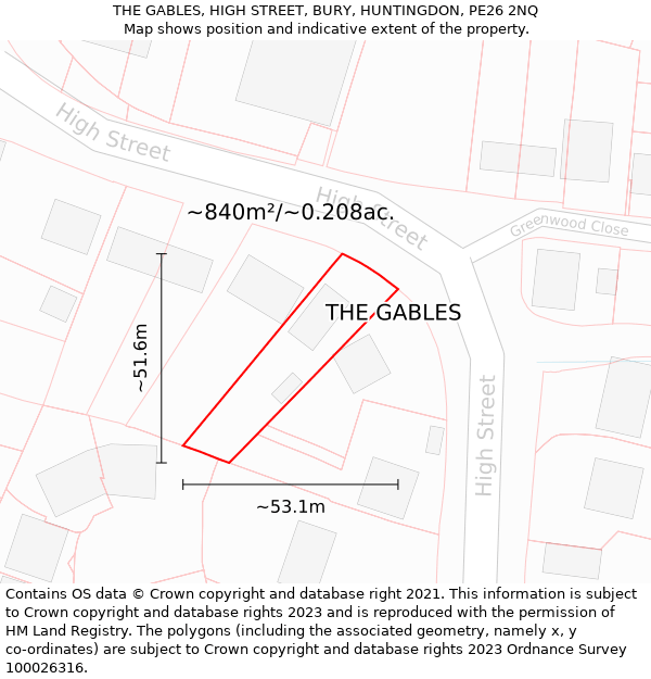 THE GABLES, HIGH STREET, BURY, HUNTINGDON, PE26 2NQ: Plot and title map