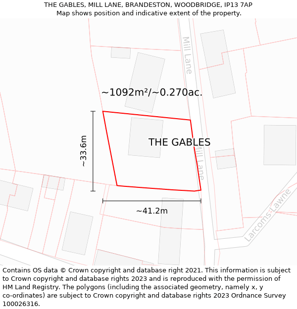 THE GABLES, MILL LANE, BRANDESTON, WOODBRIDGE, IP13 7AP: Plot and title map