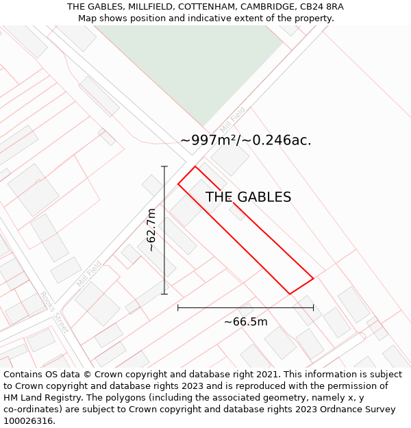 THE GABLES, MILLFIELD, COTTENHAM, CAMBRIDGE, CB24 8RA: Plot and title map