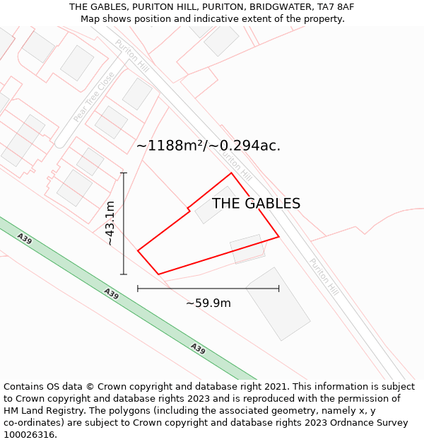 THE GABLES, PURITON HILL, PURITON, BRIDGWATER, TA7 8AF: Plot and title map