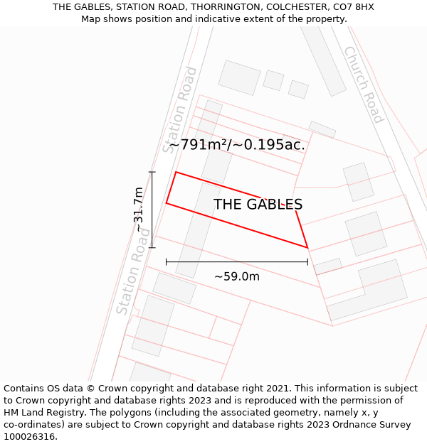 THE GABLES, STATION ROAD, THORRINGTON, COLCHESTER, CO7 8HX: Plot and title map