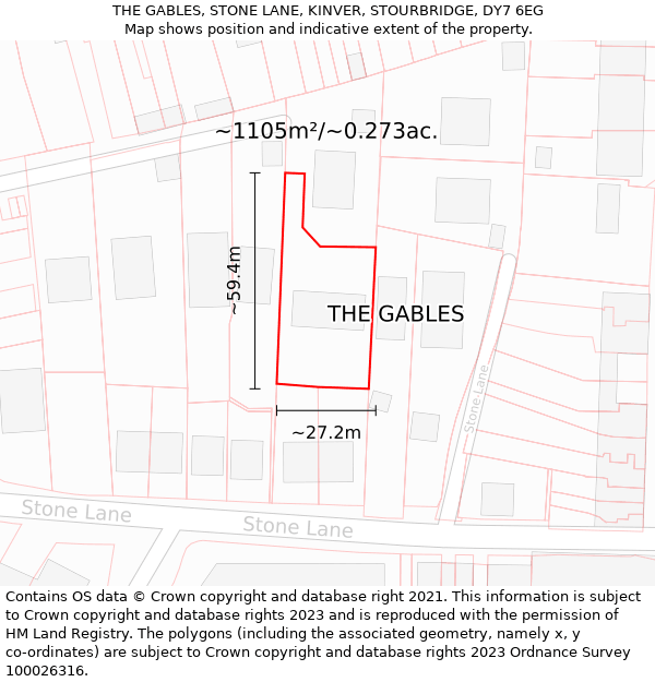THE GABLES, STONE LANE, KINVER, STOURBRIDGE, DY7 6EG: Plot and title map