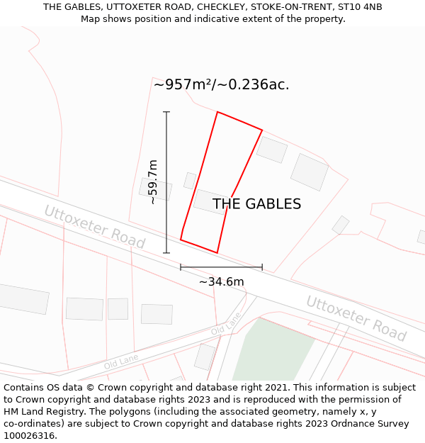 THE GABLES, UTTOXETER ROAD, CHECKLEY, STOKE-ON-TRENT, ST10 4NB: Plot and title map
