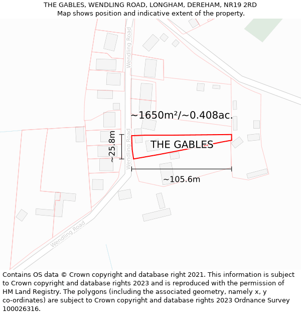 THE GABLES, WENDLING ROAD, LONGHAM, DEREHAM, NR19 2RD: Plot and title map