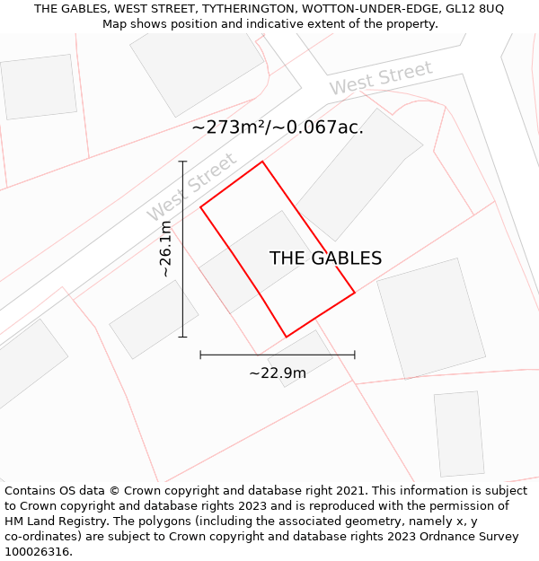 THE GABLES, WEST STREET, TYTHERINGTON, WOTTON-UNDER-EDGE, GL12 8UQ: Plot and title map