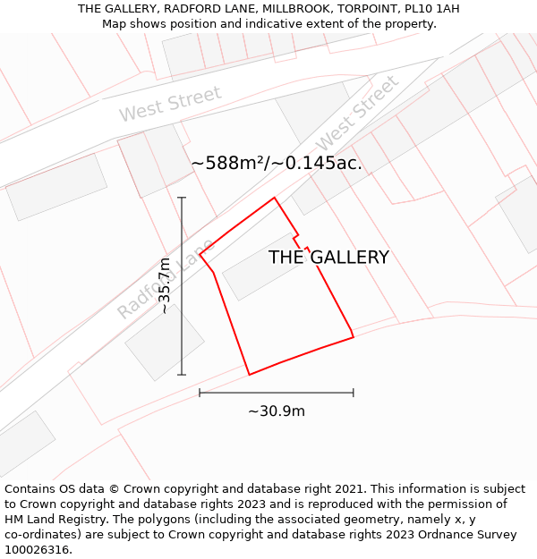 THE GALLERY, RADFORD LANE, MILLBROOK, TORPOINT, PL10 1AH: Plot and title map