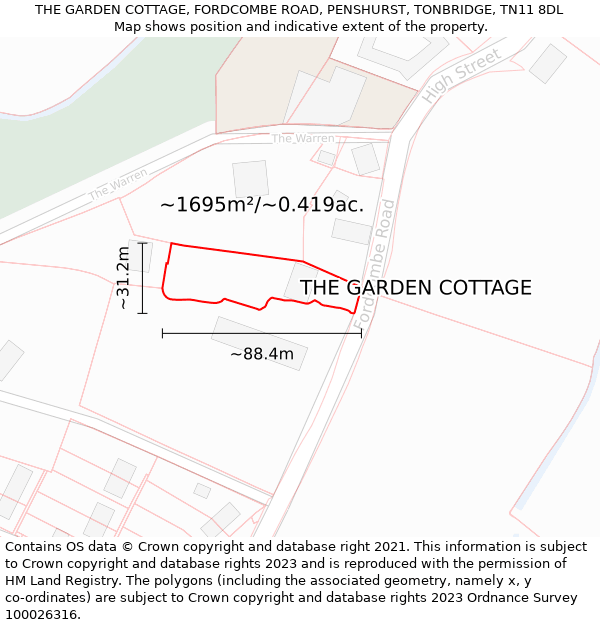 THE GARDEN COTTAGE, FORDCOMBE ROAD, PENSHURST, TONBRIDGE, TN11 8DL: Plot and title map