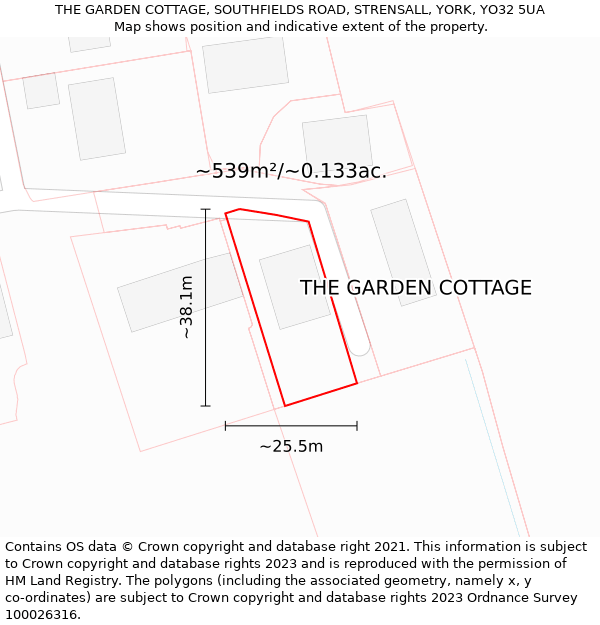 THE GARDEN COTTAGE, SOUTHFIELDS ROAD, STRENSALL, YORK, YO32 5UA: Plot and title map