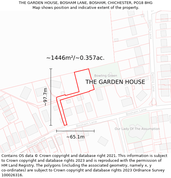 THE GARDEN HOUSE, BOSHAM LANE, BOSHAM, CHICHESTER, PO18 8HG: Plot and title map
