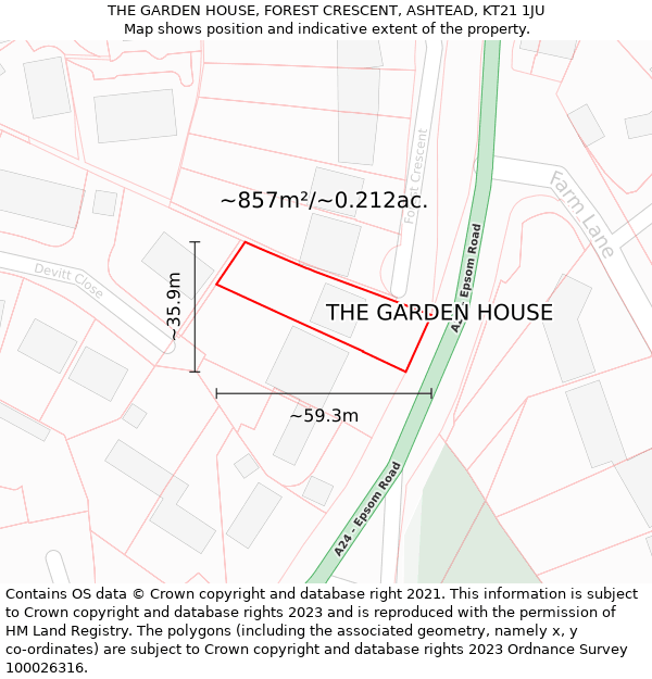 THE GARDEN HOUSE, FOREST CRESCENT, ASHTEAD, KT21 1JU: Plot and title map