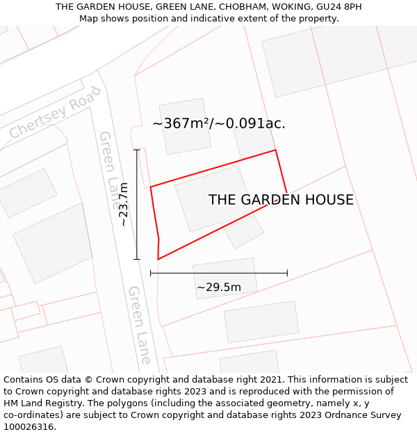 THE GARDEN HOUSE, GREEN LANE, CHOBHAM, WOKING, GU24 8PH: Plot and title map