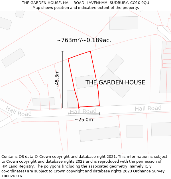 THE GARDEN HOUSE, HALL ROAD, LAVENHAM, SUDBURY, CO10 9QU: Plot and title map