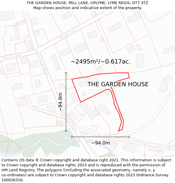 THE GARDEN HOUSE, MILL LANE, UPLYME, LYME REGIS, DT7 3TZ: Plot and title map