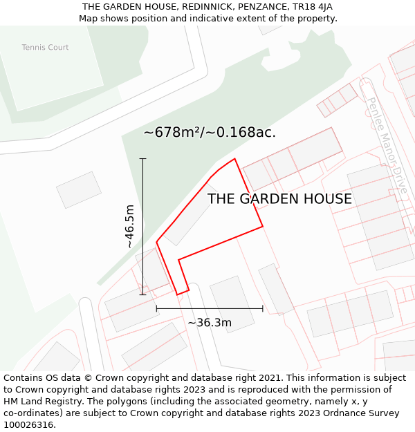 THE GARDEN HOUSE, REDINNICK, PENZANCE, TR18 4JA: Plot and title map