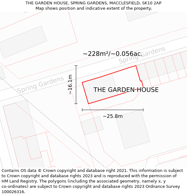 THE GARDEN HOUSE, SPRING GARDENS, MACCLESFIELD, SK10 2AP: Plot and title map