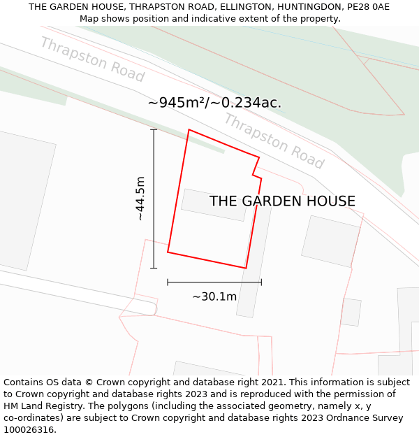 THE GARDEN HOUSE, THRAPSTON ROAD, ELLINGTON, HUNTINGDON, PE28 0AE: Plot and title map