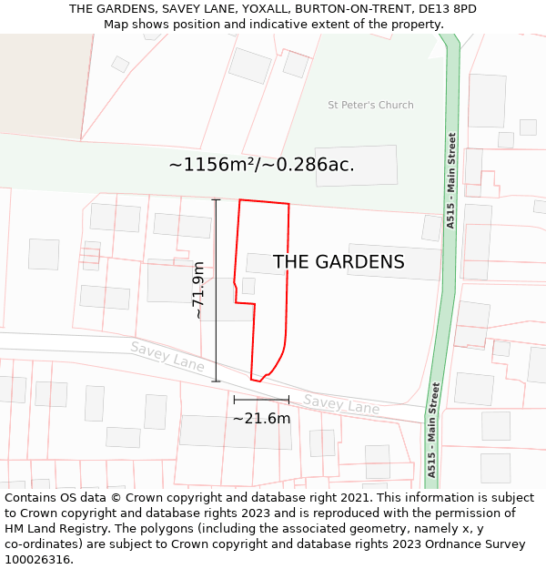 THE GARDENS, SAVEY LANE, YOXALL, BURTON-ON-TRENT, DE13 8PD: Plot and title map