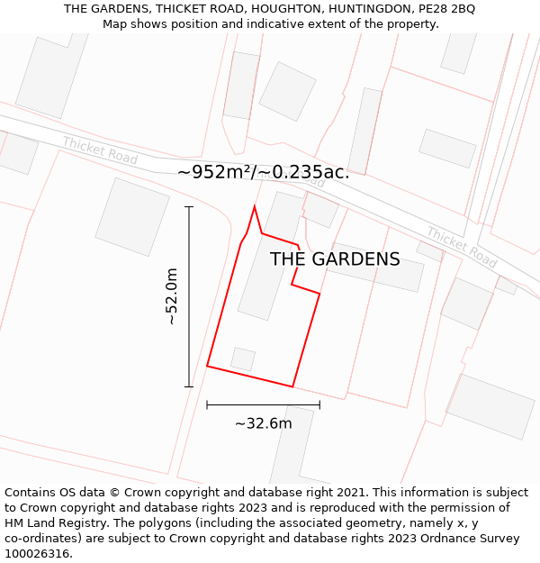 THE GARDENS, THICKET ROAD, HOUGHTON, HUNTINGDON, PE28 2BQ: Plot and title map