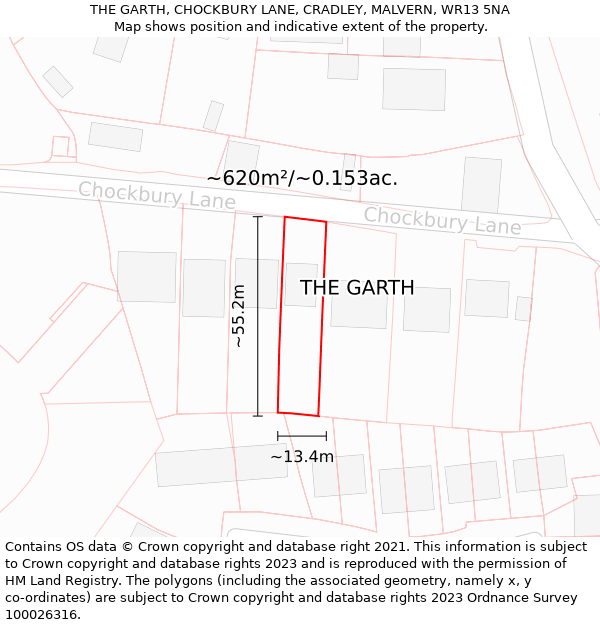 THE GARTH, CHOCKBURY LANE, CRADLEY, MALVERN, WR13 5NA: Plot and title map
