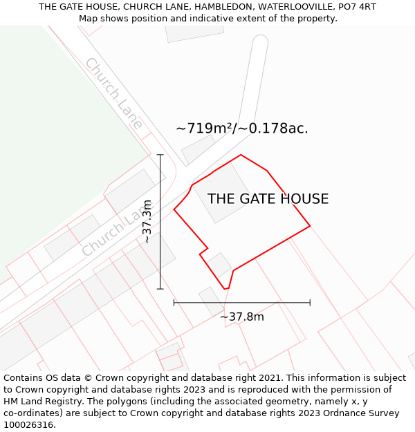 THE GATE HOUSE, CHURCH LANE, HAMBLEDON, WATERLOOVILLE, PO7 4RT: Plot and title map