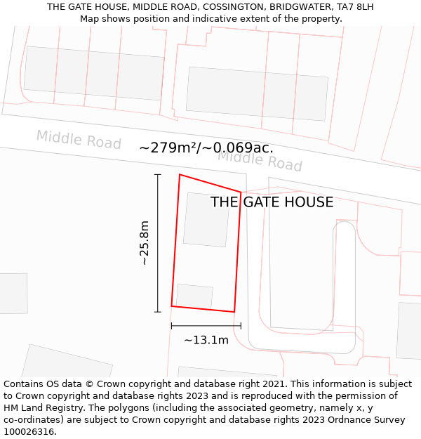 THE GATE HOUSE, MIDDLE ROAD, COSSINGTON, BRIDGWATER, TA7 8LH: Plot and title map