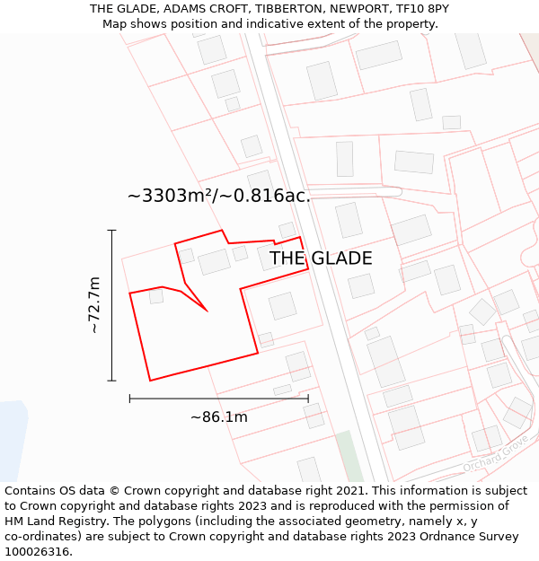 THE GLADE, ADAMS CROFT, TIBBERTON, NEWPORT, TF10 8PY: Plot and title map