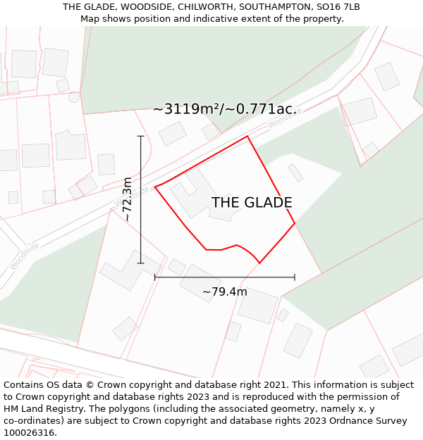 THE GLADE, WOODSIDE, CHILWORTH, SOUTHAMPTON, SO16 7LB: Plot and title map