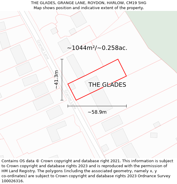THE GLADES, GRANGE LANE, ROYDON, HARLOW, CM19 5HG: Plot and title map