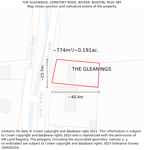 THE GLEANINGS, CEMETERY ROAD, BICKER, BOSTON, PE20 3BT: Plot and title map