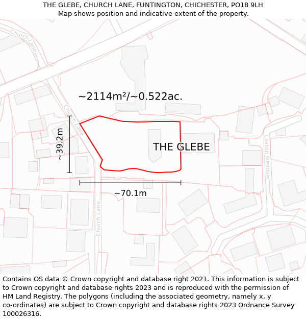 THE GLEBE, CHURCH LANE, FUNTINGTON, CHICHESTER, PO18 9LH: Plot and title map