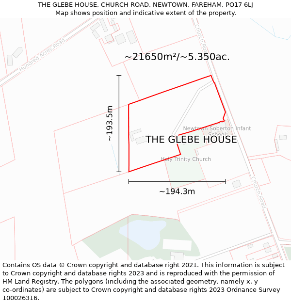 THE GLEBE HOUSE, CHURCH ROAD, NEWTOWN, FAREHAM, PO17 6LJ: Plot and title map