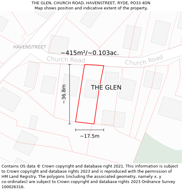 THE GLEN, CHURCH ROAD, HAVENSTREET, RYDE, PO33 4DN: Plot and title map