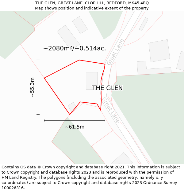 THE GLEN, GREAT LANE, CLOPHILL, BEDFORD, MK45 4BQ: Plot and title map