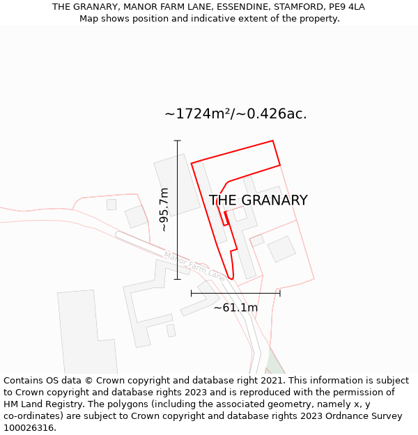 THE GRANARY, MANOR FARM LANE, ESSENDINE, STAMFORD, PE9 4LA: Plot and title map