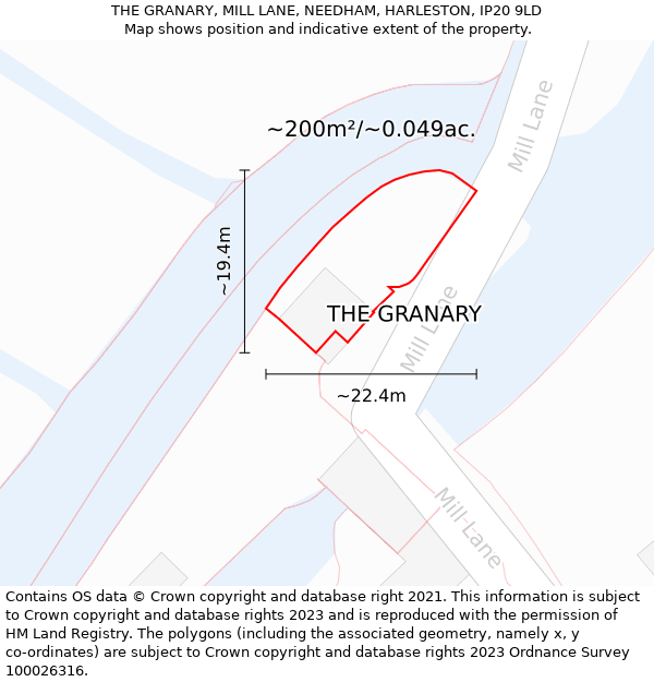 THE GRANARY, MILL LANE, NEEDHAM, HARLESTON, IP20 9LD: Plot and title map