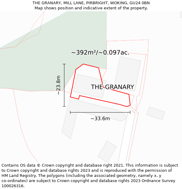 THE GRANARY, MILL LANE, PIRBRIGHT, WOKING, GU24 0BN: Plot and title map