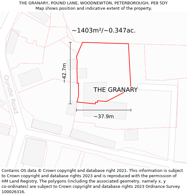 THE GRANARY, POUND LANE, WOODNEWTON, PETERBOROUGH, PE8 5DY: Plot and title map